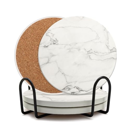 Coaster Set of 4, Ceramic Drink Coasters with Holder, 4 Inch Round - style: 4 coasters Style B