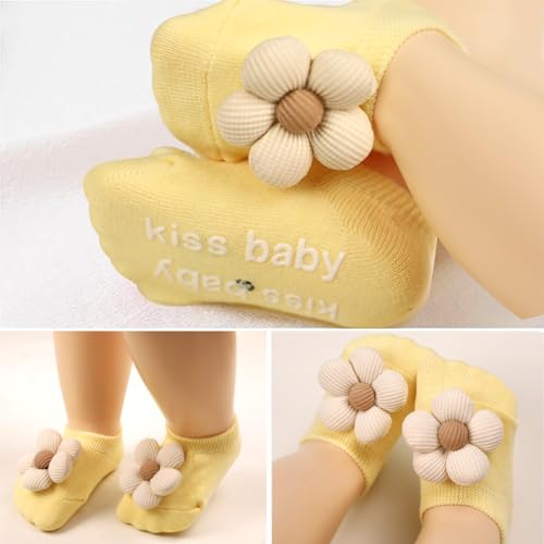 4Packs Baby Girls Socks,Flower Non-Slip Grips for Babies Toddler Princess - color: Pink Light Bule Off White Yellow