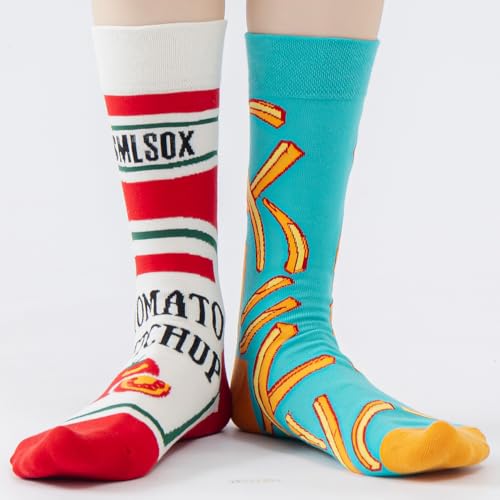 2 Pairs Cartoon Animal Crew Socks Fun Cotton Mid Calf Socks for Women - color: French Fries & Ketchup