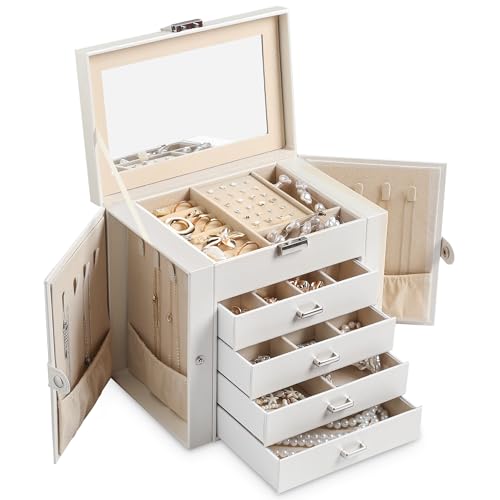Frebeauty 5-Layer Jewelry Box for Women,Jewelry Organizer with 4 Drawers - color: Pearl White, size: Medium