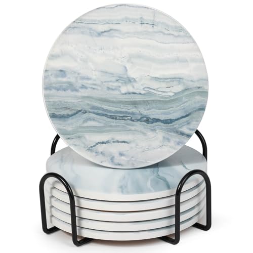 Acejoz Drink Coasters with Holder for Coffee Table, Absorbent Coasters Set of 6, Marble Style Ceramic Coaster for Wooden Table, Suitable for Kinds of Cups, Home Decor, 4 Inches(Blue) - color: Blue Marble