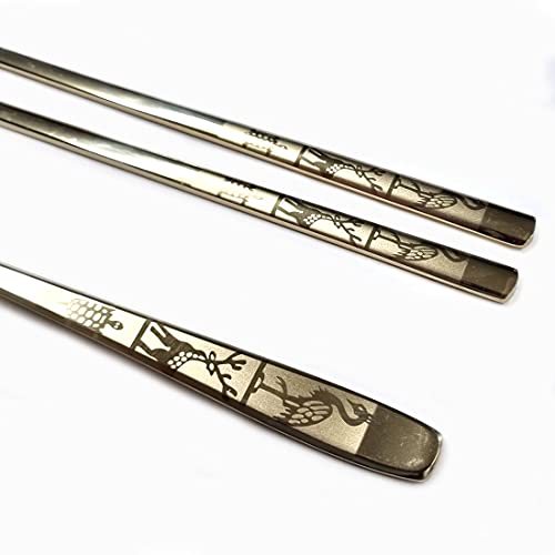GARASANI Korean Traditional Spoon and Chopsticks Gold Titanium Plated Stainless Steel Cutlery (Gold Longevity) - color: Gold Longevity