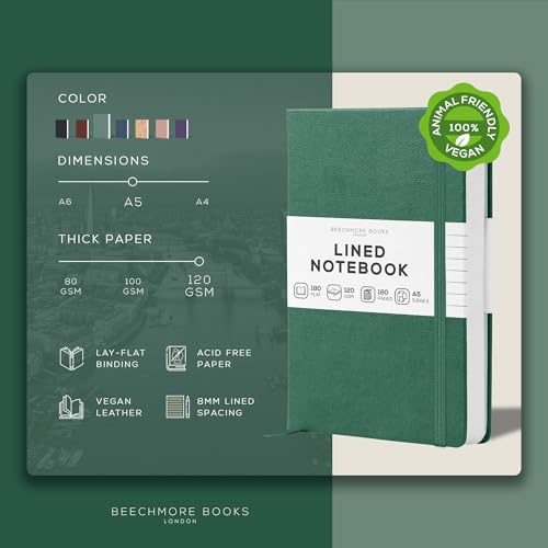 BEECHMORE BOOKS A5 5x8 Lined Leather Journal For Men, 120 GSM with Gift Box - color: Dartmouth Green, size: A5 - 5.8" x 8.3" Medium