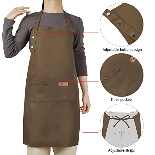 Hongsome Adjustable Button Apron for Women Men Artist Painting Pottery Garden Cooking Kitchen Chef 3 Pockets Waterproof M-XXL - color: Brown