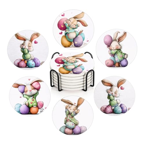 Nikyi 6 Pcs Easter Bunny Pink Heart Ceramic Absorbent Coasters, Spring Cute Rabbit Egg Drink Coaster with Metal Holder Cork Base, Perfect Easter Basket Stuffer, Coffee Table Kitchen Office & Gift - color: Easter Cute Bunny and Easter Eggs Pink Heart