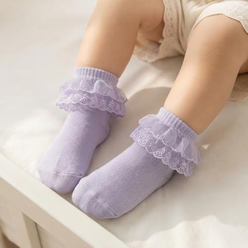 3 Pairs Baby Girl Socks Ruffle Sock Lace Frilly Socks for Newborn Infant Toddler 1-2 Years - color: White, Pink, Purple