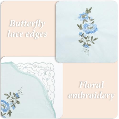Bewudy 6pcs Vintage Floral Embroidered Handkerchiefs for Women, Butterfly Lace Hanky, Cotton Embroidery Ladies' Vintage Floral Lace Handkerchiefs for Wedding Party