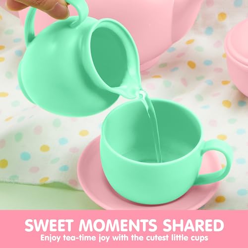 JOYIN 18PCS Pretend Tea Party Set, Plastic Tea Set, Mini Kitchen for Kids, Gifts for Kid Boys Girls Ages 3 4 5 6 Years Old, Easter Birthday Gifts - style: Baby Pink Teapot