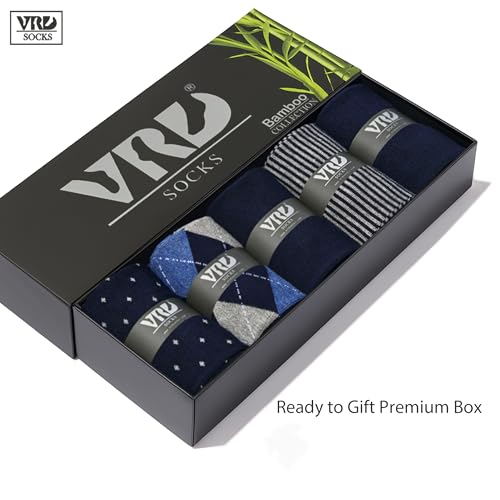 VRD Men's Dress Socks Bamboo Rayon, 5-Pack Crew Socks, Multiple Colors and Designs, Shoe Size 8-13, Gift Box - color: 02: Blue Navy, 5-pack Mix (2 Solid, 1 Striped, 1 Dotted, 1 Argyle)