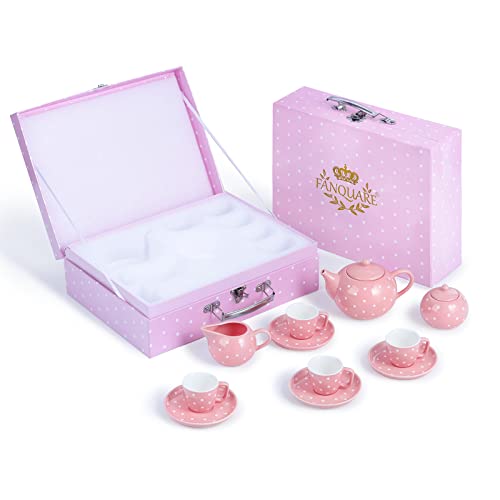 fanquare Porcelain Tea Service Set for Girls Women, 12Pieces Pink and Polka Dot Tea Sets with Box for Holiday Gifting Party - color: Pink Dots