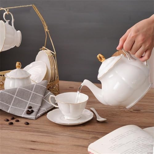 fanquare 15 Pieces Simple White English Ceramic Tea Sets,Tea Pot,Bone China Cups Without Metal Holder,Matching Spoons,Afternoon Tea Set Service Coffee Set - color: White