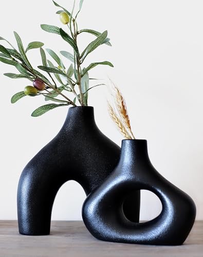 Carrot's Den Black Ceramic Modern Vase Set of 2, Donut Shelf Decor, Black - color: Black