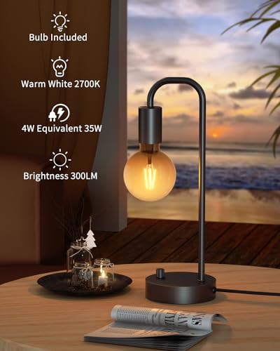 ONEWISH Industrial Table Lamp Set of 2, Fully Dimmable Beside Lamp with Gradient Black Art LED Bulb, Modern Nightstand Desk Lamps for Bedroom, Living Room, Office, Reading(Bulb Included) - color: Black 2 packs, size: Non-USB