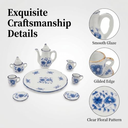 Miniature Tea Set 1/6 Scale Dollhouse Accessories Porcelain Blue Flower - color: Blue Flower