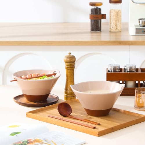 MALACASA 42 oz Ceramic Ramen Bowls with Chopsticks & Spoon, Pink & Khaki - color: Pink and Khaki
