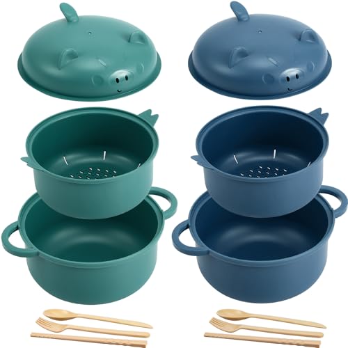 2 Sets 45oz Cute Pig Ramen Bowl Set Microwavable, Dark Blue Green - color: Dark Blue,Dark Green
