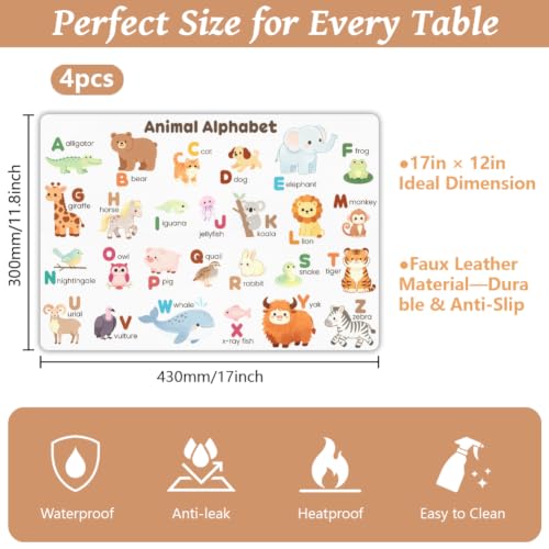 Peacoblue Placemats Set of 4,Faux Leather Animals with Letters Design - style: Animals with Letters