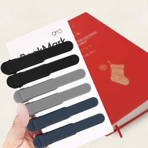 SMUK 6 Pieces Silicone Bookmark, Unique Automatic Bookmarks for Book Lovers Reading Women Men Teens Teachers, Book Mark Book Page Keeper Reading Gifts for Reading Lovers - color: 2 Black+2 Light Gray+2 Navy Blue