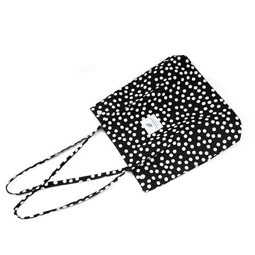 Corduroy Tote Bag Cute Tote Bags for Women Shoulder Bag with Inner Pocket for Work Beach Travel and Shopping Grocery - style: Black and White Dots