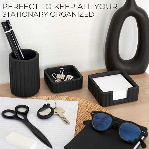 Modern Aesthetic Desk Accessories Set of 3 - Stylish Concrete Organizers - color: Black