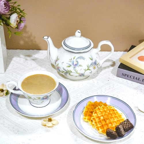 Bone China Tea Set, 21-Pieces Porcelain Tea Set for Adults, Tea Cups And Saucers for 6, with Teapot, Spoons, Sugar Bowl, Creamer Pitcher, Vintage Tea Set for Women Tea Party (Purple) - color: Purple
