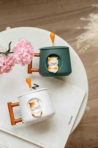 DIHOclub Ceramic Coffee Mug with Lid and Matching Spoon,Novelty 3D Cat Pattern Mug for Tea Milk Chocolate Juice,Cute Cup for Dog Lovers,Perfect Gifts-14 Ounces(white) - color: White