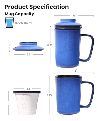 Ceramic Tea Mug with Infuser and Lid,16oz Porcelain Loose Leaf Tea Cup with Large Handle,Metal-Free Filter,Microwave &Dishwasher Safe,Perfect for Tea,Coffee (Vintage Blue) - color: Vintage Blue