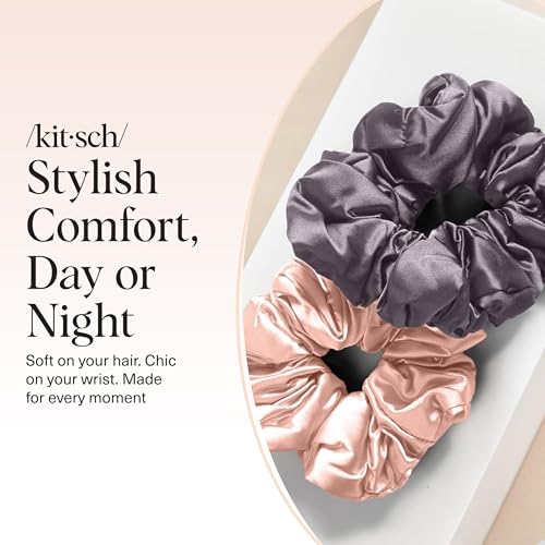 Kitsch Pillow Satin Scrunchies for Women -Blush/Charcoal, 2pcs - color: Blush/Charcoal