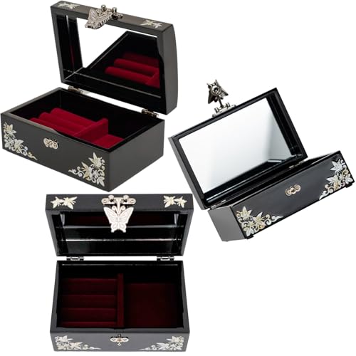 February Mountain Korean Mother of Pearl Jewelry Box – Red Floral Peony Design with Butterfly Clasp, Removable Velvet Tray – Christmas Gift for Women, Birthday, Anniversary, Keepsake Storage - color: Red