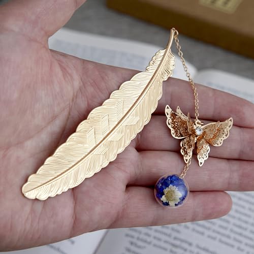 Toirxarn Metal Feather Bookmark, Back to School Teacher Gift for Women - color: Feather Gold - Blue Crystal With White Flower