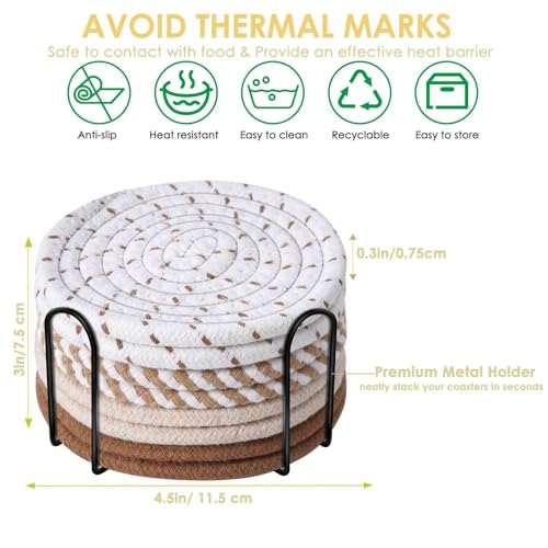 Drink Coasters 8 Pack with Holder, 4-Color Cotton Woven Absorbent Coasters Set, Minimalist 4.3in Cup Mat for Home Decor, Dining Table, Living Room, Tabletop-Protection for Coffee Beverage-Brown - color: Brown