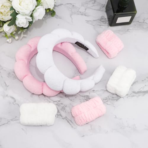 SPA Headbands for Washing Face Makeup Headbands with Bow Hair Band Women Facial Head Band Wrist Towel Wraps For Shower Face Mask Pink White, 6 Pack - color: Pink White