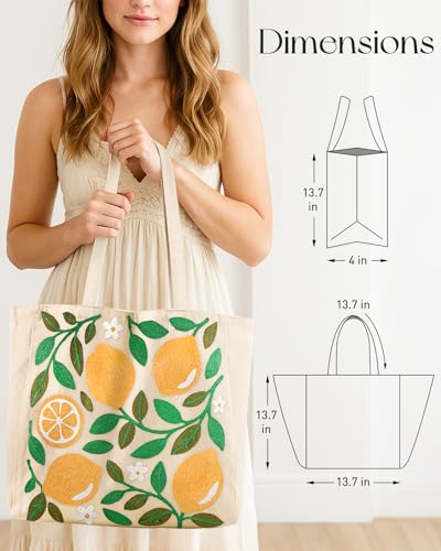 Miss Adola Embroidery Canvas Tote Bag with Pocket & Buckle - color: Lemon