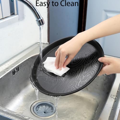 Hacaroa 4 Pack Round Restaurant Serving Trays, 11.5 Inch Plastic Food Service Trays Non-Skid Food Platter for Cafeteria, Bar, Coffee Shop, Hotel, Tailed Lines, Black