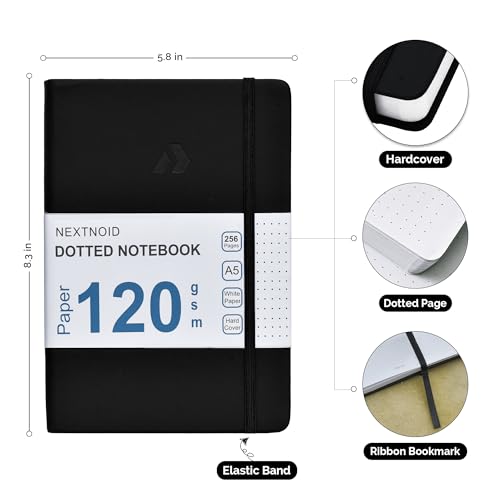 Nextnoid Hardcover Dotted Journal Notebook - 120 GSM Thick Paper, Medium A5-256 Pages - Perfect For Handwriting, Diagrams, Note-Taking and To-Do Lists (Dot, Black) - color: Black, style: Dotted 256 Pages