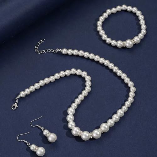 Pearl Bride Wedding Jewelry Set Faux Pearls Crystal Rhinestone Necklace Earrings Bracelet Sets for Women Bridesmaid(3 PCS) - color: White - Gourd Shaped