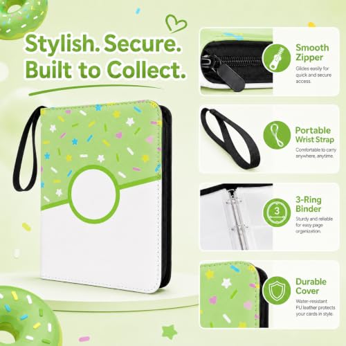 4 Pocket Card Binder 400 Card Holder Album, Green Donut Trading Cards Holder Zipper Binder for Girl Teen Collection (Green Donut, 400 Pocket) - color: Green Donut, size: 400 Pocket