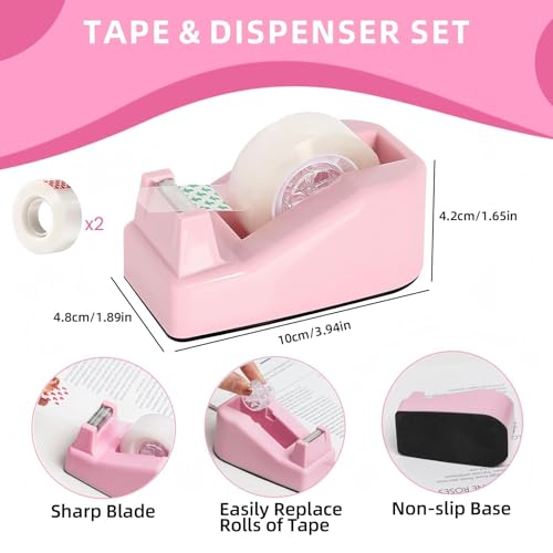 Pink Office Desk Accessories, 15pcs Office Supplies 360°Pen Holder , Stapler, Staple Remover, Tape Dispenser,Tape Refills, Binder Paper Clips Kit, Scissor, Cute Desk Accessories for Women Gift Set