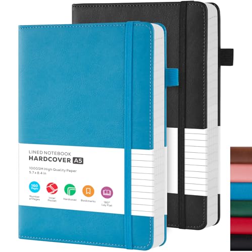 FOCUS DAY 2 Pack Lined Notebook Journals for Women/Men Work, A5 Leather Journal Notebook with Pen Loop, 100Gsm Premium Thick Paper, Inner Pocket, Medium 5.7"x8.4", Blue & Black - color: Black Blue, size: A5