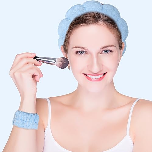 Beleki Spa Headband for Washing Face, Sponge Makeup Skincare Headband & Wristband Set Non Slip Headbands Soft Puffy Headwear Hair Accessories for Women Girls, Blue - color: Blue