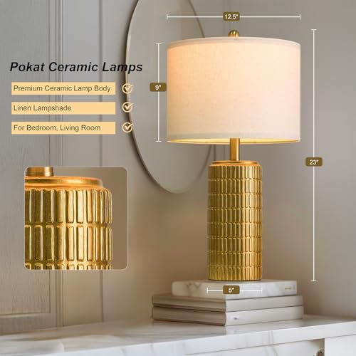 PoKat 23" Brass Gold Ceramic Table Lamps for Living Room, Retro Warm Gold Lamps for Night Stands, Vintage Bronze Decorative Lamps for Bedroom, Antique Gold Brown Nightstand Lamps for Home Decor - color: Gold