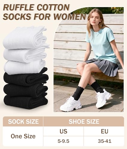 Justay 6 Pairs Ruffle Socks Women, Crew Cotton Frilly Boot Socks - color: White Black