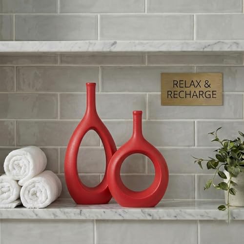 Red Ceramic Hollow Elliptical Vase Set of 2 - Boho Circle Vase with Hole, for Modern Red Table Decor, Living Room Decor Shelf mid Century Modern Home Entrance Decorative vase - color: Red