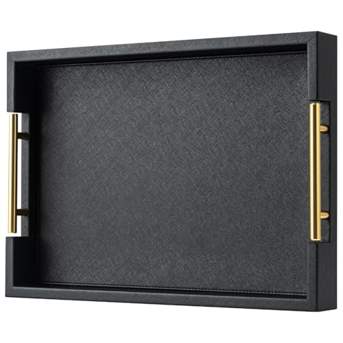 Black Rectangle Serving Tray with Gold Handles for Party,Large Wood Decorative Tray for Ottoman,Faux Leather Coffee Table Tray Decor - color: Black, size: 17" x 12" x 2"