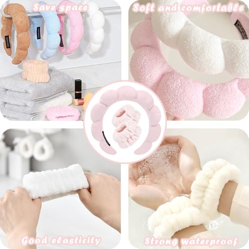 Spa Headbands for Washing Face Wristband Set Sponge Makeup Skincare Headband Wrist Towels Bubble Soft Terry Towel Cloth Hairband for Women Puffy Headwear Non Slip Thick Thin Hair Headwear (Light pink) - color: Light pink