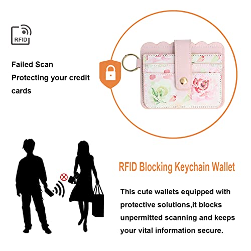 Keychain Wallet Wristlet Small Credit Card Holder Bracelet Key Chain Purse Bangle Tassel Beads Key Rings for Women - color: 03-rfid Pink