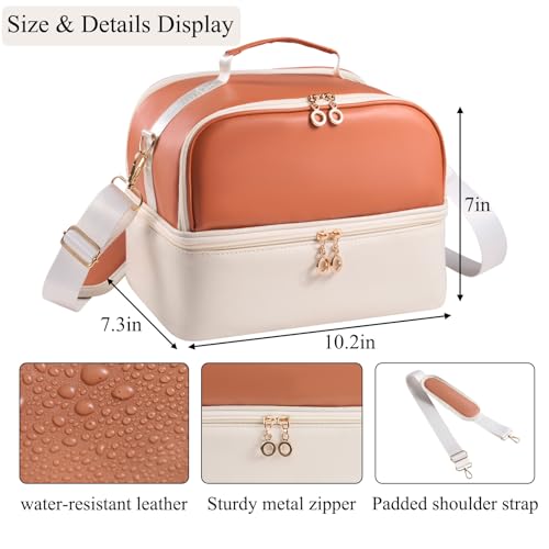 Nail Polish Organizer Holds 35 Bottles & Nail Lamp, Nail Organizers and Storage, Double Layer Nail Bag with Handle & Shoulder Strap for Travel, Nail Supplies Organizer for Manicure Kit (Brown+Beige) - color: Brown+Beige (35Bottles）