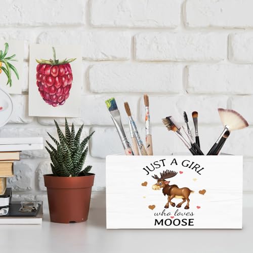 Moose Gifts Pen Holder for Desk, Deer Lover Gifts Pencil Organizer, Just a Girl Who Loves Moose Wooden Box Sign Desk Decor for Home Office Decoration - color: MOOSE