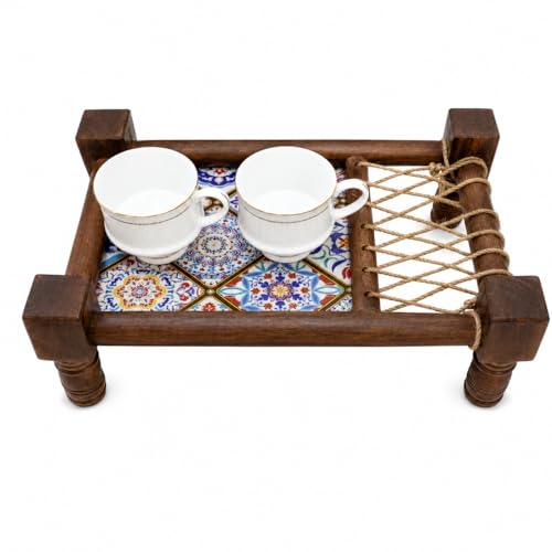 Traditional Decorative Asian Cot Tray for Snacks & Drinks | North Indian Decorative Wooden Cot Decor Accent Breakfast/Tea/Snack/Wooden Decor Tray Used Dining Room Serving Tray Coffee Table Tray