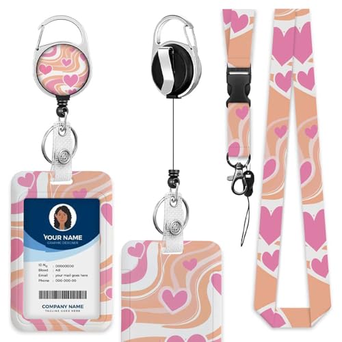 Pink Heart Pattern ID Badge Holder Wave Strip Badge Holder with Retractable Clip Durable and Easy to Use for Student Nurse Worker - color: Pink Heart Pattern